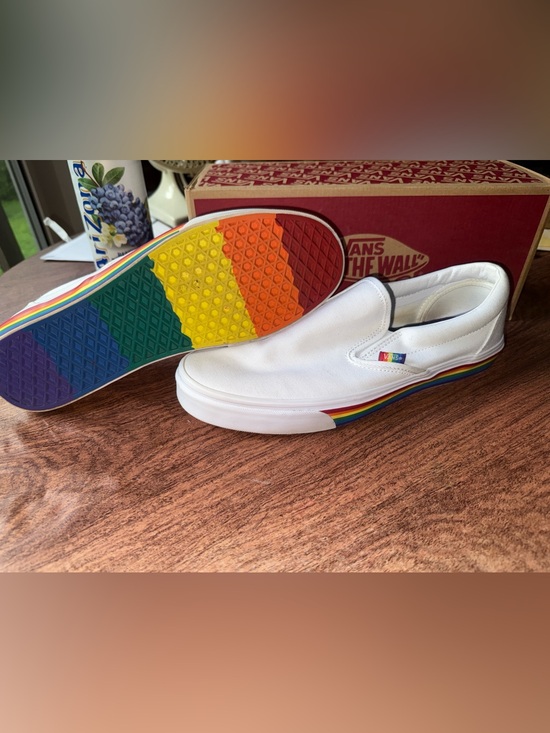 Vans Other - Vans Classic Slip-On in White with Rainbow Trim 2020 Pride Month limited edition